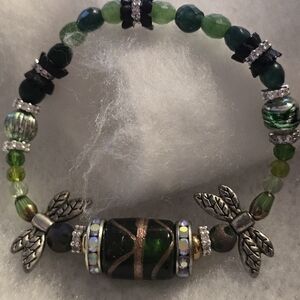 Artisan Green Beaded Bracelet with Dragonfly Accents